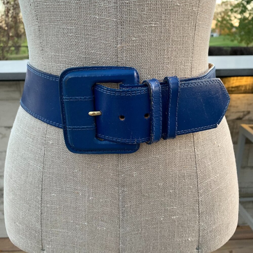 Vintage 80s 90s Wide Statement Blue Leather Classic Retro XS Waist Belt
